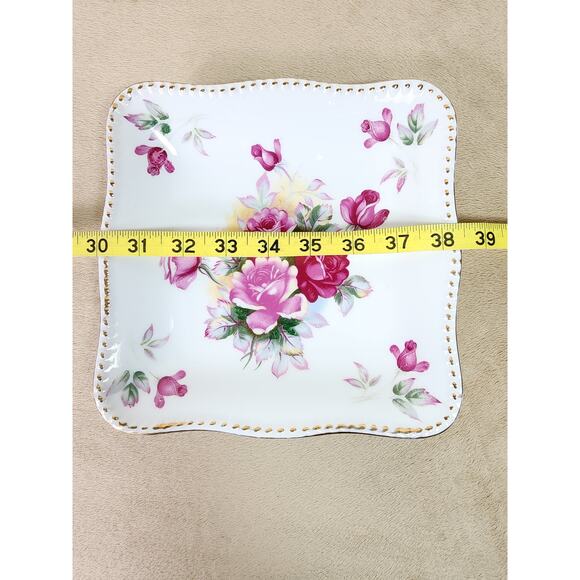 Square Bowl Floral Design Pink Roses 8 1/4" Porcelain Gold Trim Japan Vintage - Picture 10 of 10